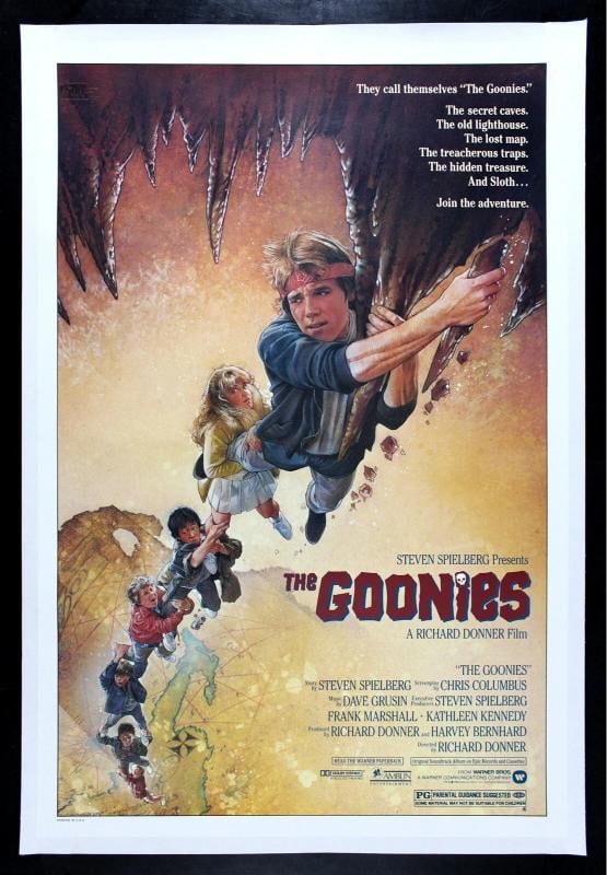 THE GOONIES ORIGINAL VINTAGE MOVIE POSTER 1985~(27" x 41", Linen Backed): Industry: Movies,Object Type: Poster,Original/Reproduction: Original,Country of Origin: United States