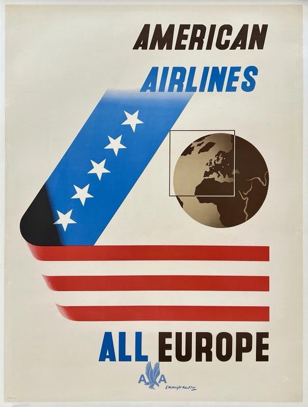 Original Vintage Poster AMERICAN AIRLINES ALL EUROPE Airline Travel Kauffer OL: Dimensions: 29.5 x 39.8 in. / 75 x 101 cm.; Circa: 1950s . Condition: Used,Type: Poster,Airline: American,Country of Origin: United States,Modified Item: No