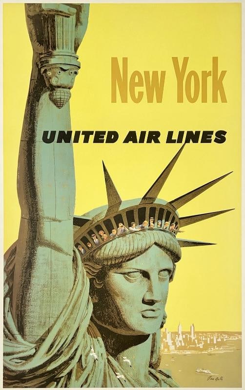 Original Vintage Poster NEW YORK UNITED AIR LINES Airline Travel Galli LINEN: Dimensions: 25 x 40.4 in. / 63.5 x 102.5 cm.; Circa: 1960 . Condition: Used,Country of Origin: United States,Type: Poster,Airline: United,Modified Item: No