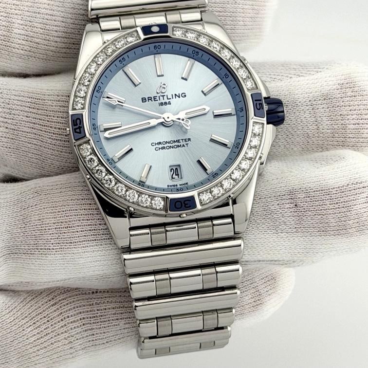 Breitling Super Chronomat A17356 38mm Diamond Bezel Blue Dial Steel Box Booklet - 5