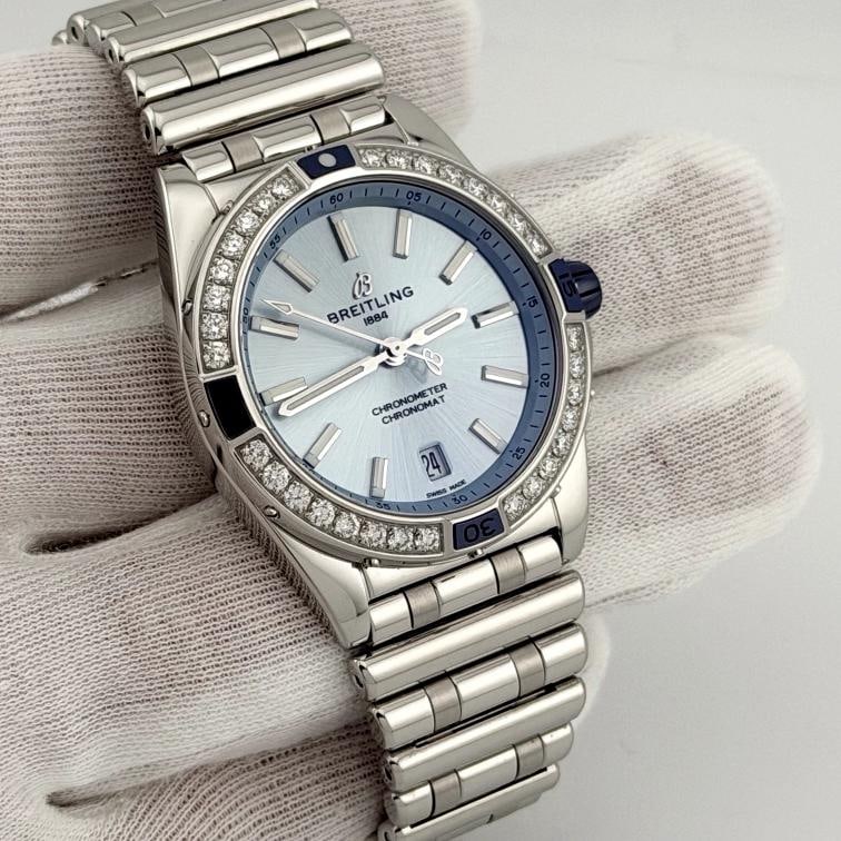 Breitling Super Chronomat A17356 38mm Diamond Bezel Blue Dial Steel Box Booklet - 6