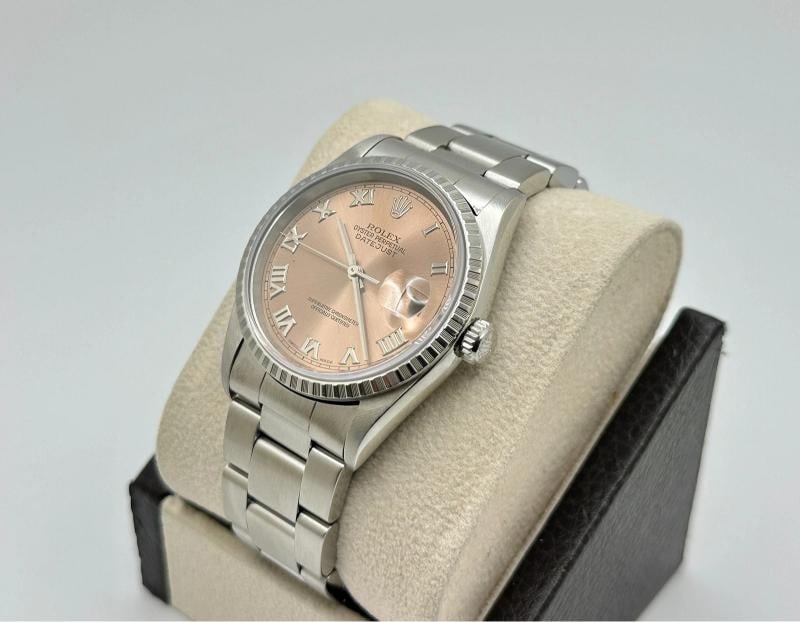 Rolex Datejust 16220 Rose Salmon Pink Roman Dial Engine Turn Steel Box Papers - 3