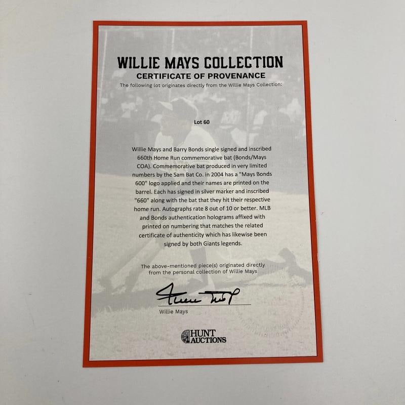 Willie Mays & Barry Bonds 660 Home Runs Signed Inscribed Baseball Bat Mays COA - 4