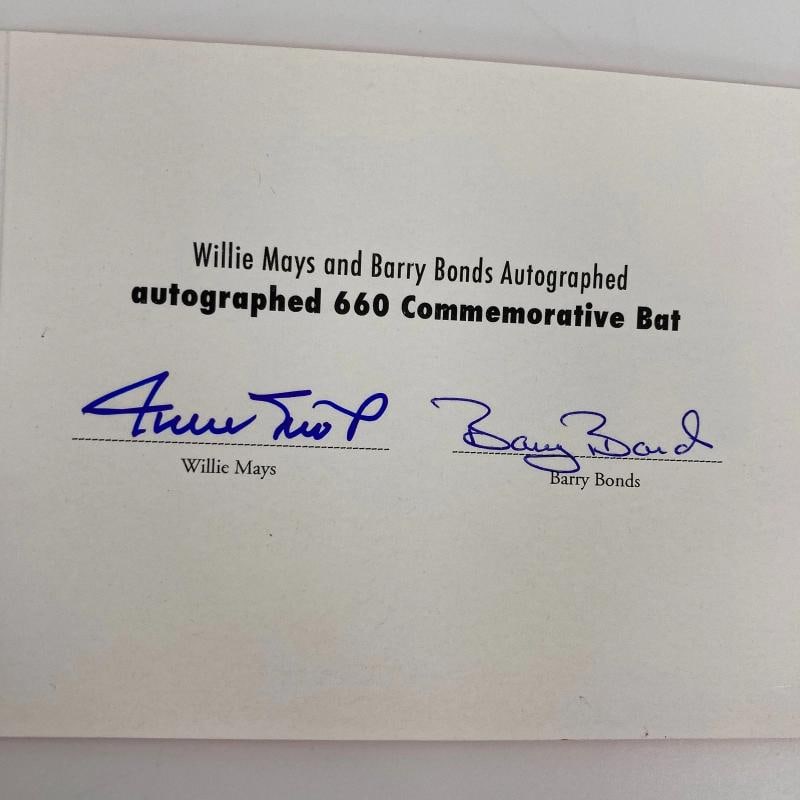 Willie Mays & Barry Bonds 660 Home Runs Signed Inscribed Baseball Bat Mays COA - 7
