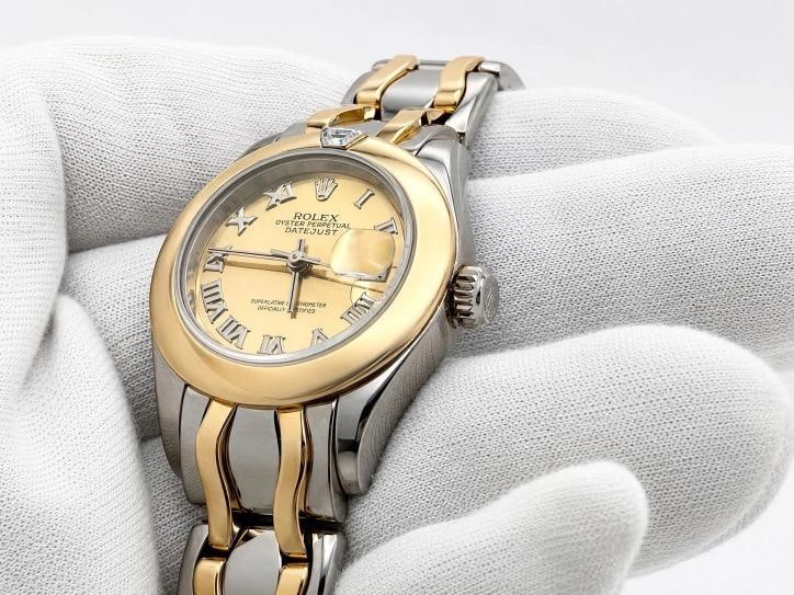 Rolex Datejust Pearlmaster 69329 29mm Champagne Roman Dial 18k Double Gold Box - 6