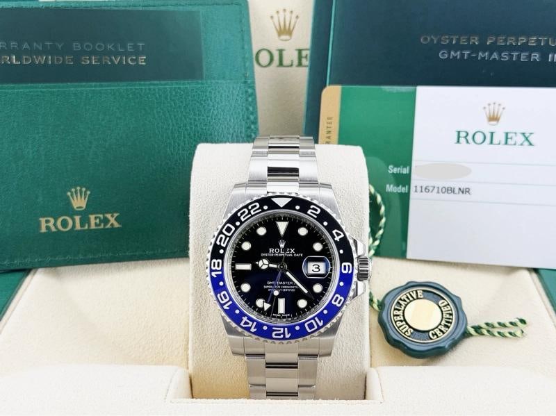 Rolex GMT Master II Batman 116710BLNR Black Blue Ceramic Bezel Steel Box Papers: Style Number: 116710BLNR Year: 2017 Model: Rolex GMT-Master II "Batman" Case Material: Stainless Steel Band: Stainless Steel Bezel: Blue & Black Ceramic Dial: Black Crystal: Sapphire Case Size: 40mm I