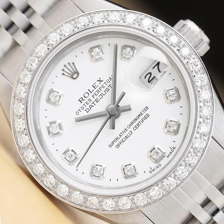 ROLEX LADIES DATEJUST 69174 WHITE DIAL 18K WHITE GOLD STEEL DIAMOND WATCH: Condition: Pre-owned - Excellent,Bezel Color: Silver,Max Wrist Size: 6.26-6.75 in,Number of Jewels: 29 Jewels,Indices: Diamond Markers, 12-Hour Dial,Band: Custom SS Jubilee Bracelet,Bezel: Custom 18K 