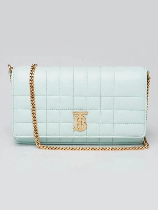 Burberry Green Quilted Leather Lola Wallet on Chain Bag: Handle Drop: 22" Measurements: 8.25" L x 1.25" W x 4.25" H. Condition: Pre-owned - Good,Brand: Burberry,Style: Clutches,Crossbody Bags,Everyday Bags,Department: Women,Exterior Color: Green,Exterior Ma