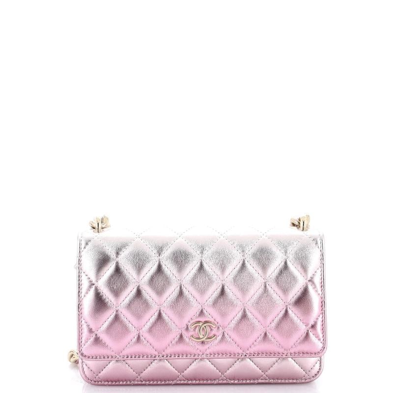 Chanel Like a Wallet Wallet on Chain Quilted Gradient Metallic Lambskin: Accessories: Dust Bag Measurements: Height 5", Width 7.5", Depth 2". Condition: Pre-owned - Excellent,Brand: Chanel,Exterior Material: Leather,Style: Cross Body Bags,Exterior Color: Pink,Department: