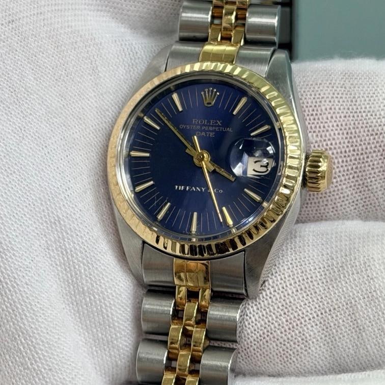 Rolex Ladies Date 6917 26mm Blue Tiffany & Co Stamped Dial 18k Yellow Gold Steel - 3
