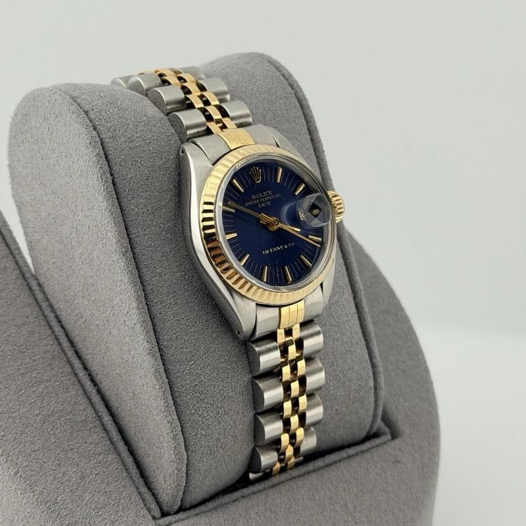 Rolex Ladies Date 6917 26mm Blue Tiffany & Co Stamped Dial 18k Yellow Gold Steel - 6