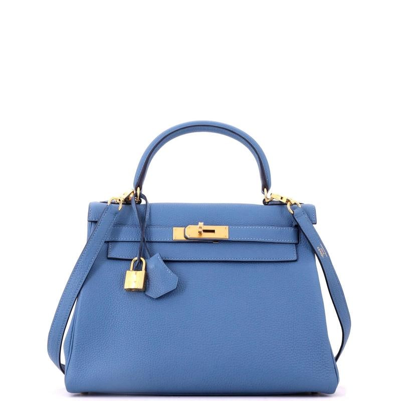 Hermes Kelly Handbag Blue Togo with Gold Hardware 28: Accessories: Clochette, Keys, Dust Bag, Lock, With Strap Measurements: Height 8.5", Width 11", Depth 4"Condition: Pre-owned - Excellent,Brand: Hermes,Exterior Material: Leather,Style: Top