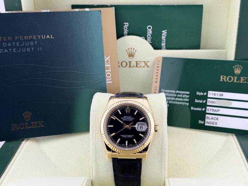 Rolex Datejust 116138 36mm Black Dial 18k Yellow Gold Box Paper - 12