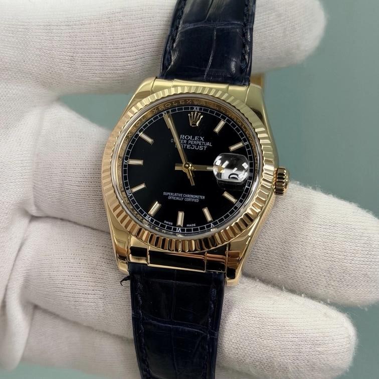 Rolex Datejust 116138 36mm Black Dial 18k Yellow Gold Box Paper: Style Number: 116138 Year: 2013 Model: Rolex Datejust Case Material: 18k Yellow Gold Band: Factory Rolex Black Leather Strap Bezel: 18k Yellow Gold Fluted Dial: Black Crystal: Sapphire Case Size: