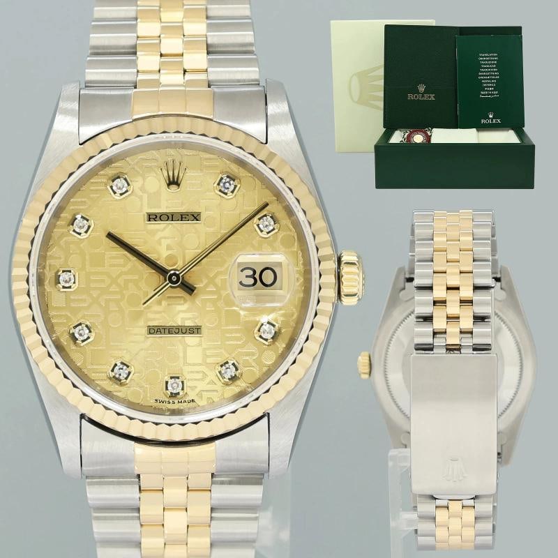 MINT Rolex DateJust 16233 Two Tone Yellow Gold Jubilee Diamond Anniversary Dial: Case & Dial Case Material: Rolex Stainless Steel Case Size: 36mm Bezel: Rolex Yellow Gold Fluted Crystal: Rolex Sapphire Dial: Rolex Champagne Jubilee Diamond Movement & Bracelet Movement: Rolex Autom