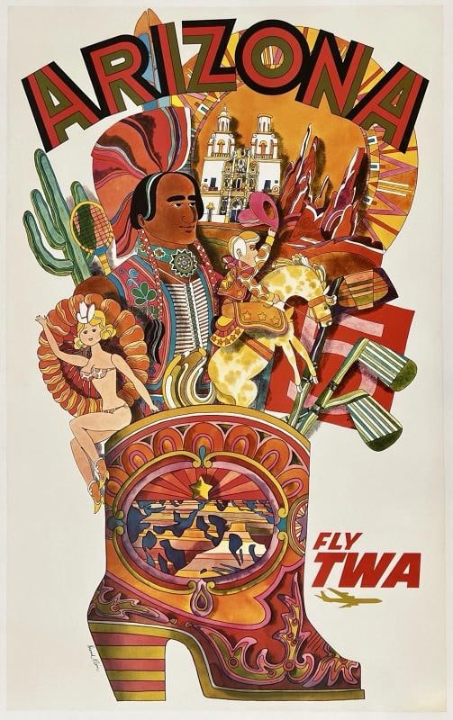 Original Vintage Poster ARIZONA FLY TWA Airline Travel Tourism David Klein LINEN: Dimensions: 25 x 40.2 in. / 63.5 x 102cm.; Circa: 1960s Original vintage "ARIZONA - FLY TWA" airline travel poster, plate signed by its artist, DAVID KLEIN, and printed by LITHO IN U.S.A. circa 1960s.
