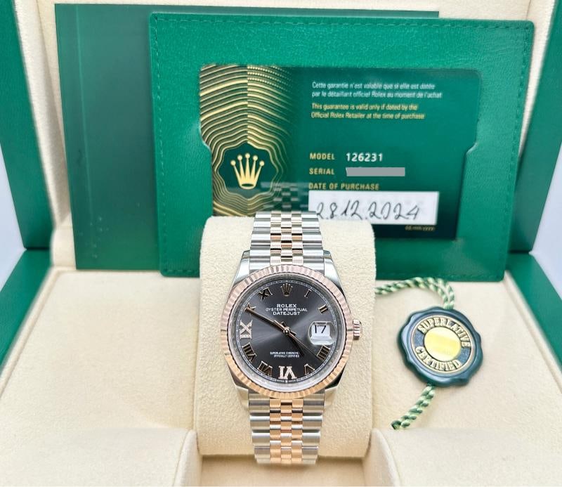 2024 Rolex Datejust 36 126231 Slate Roman Diamond 18k Rose Gold Steel Box Paper: Condition: Pre-owned - Excellent,Bezel Color: Rose Gold,Indices: Diamond Markers, Roman Numerals,Year Manufactured: 2024,Band/Strap: Rolex Jubilee,Case Color: Silver,Department: Men,Bezel Type: Fluted
