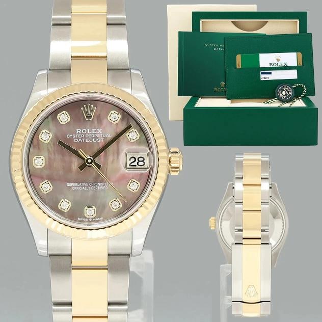 MINT 2020 PAPERS Ladies Rolex DateJust MidSize 31mm Mop Diamond 278273 Watch Box: Case & Dial Case Material: Rolex Two-Tone Yellow Gold & Stainless Steel Case Size: 31mm Bezel: Rolex Yellow Gold Fluted Crystal: Rolex Sapphire Dial: Rolex Dark Mother of Pearl Diamond Movement & Brac