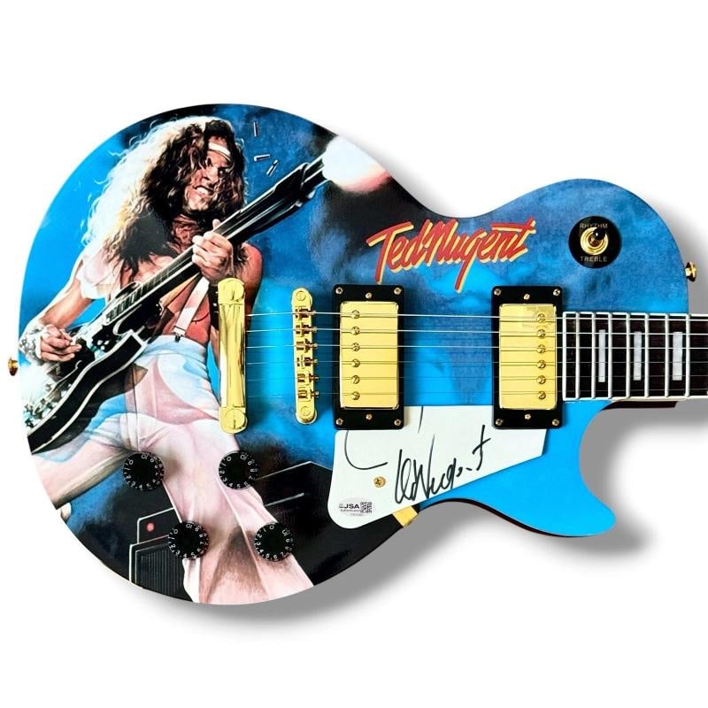Ted Nugent Signed Guitar Custom Graphics JSA COA Weekend Warriors Cat Scratch: Industry: Music,Signed: Yes,Autograph Authentication: James Spence (JSA),Object Type: Guitar & Guitar Pick,Original/Reproduction: Original,Country of Origin: United States