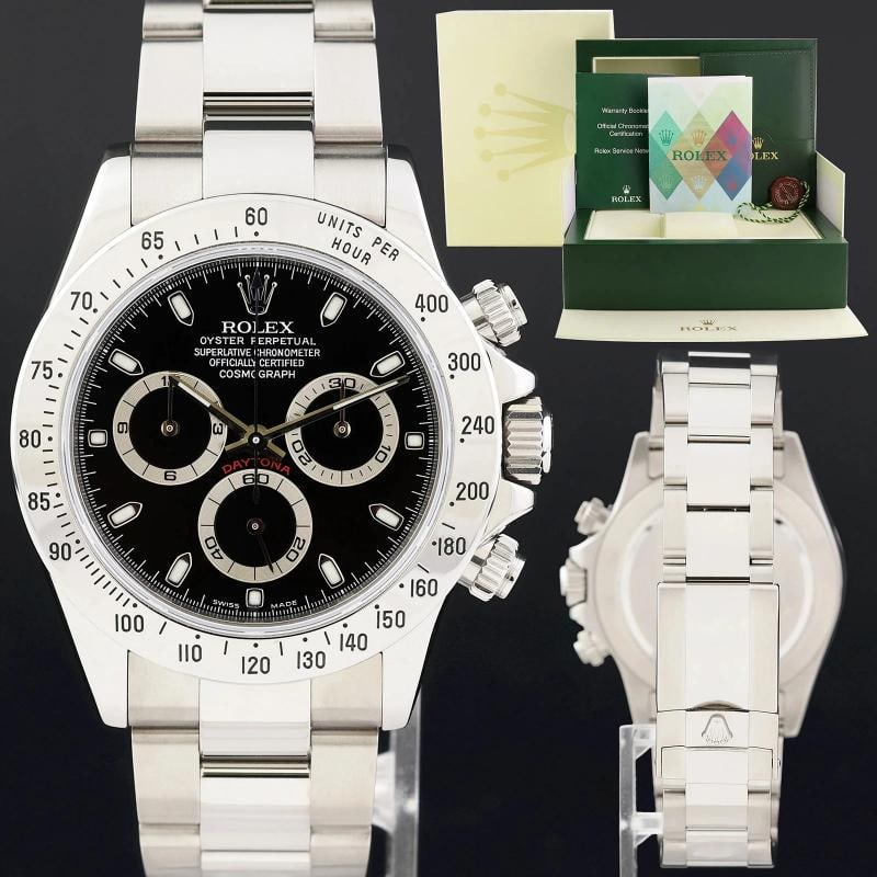 2004 MINT PAPERS Rolex 116520 Daytona Black Steel 40mm Cosmograph Watch Box: Case & Dial Case Material: Rolex Stainless Steel Case Size: 40mm Bezel: Rolex Stainless Steel Crystal: Rolex Sapphire Dial: Rolex Black Movement & Bracelet Movement: Rolex Automatic Bracelet Design: