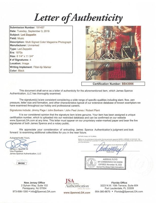 Led Zeppelin (4) Plant, Page, Bonham & Jones Signed Magazine Page JSA #BB43006 - 3