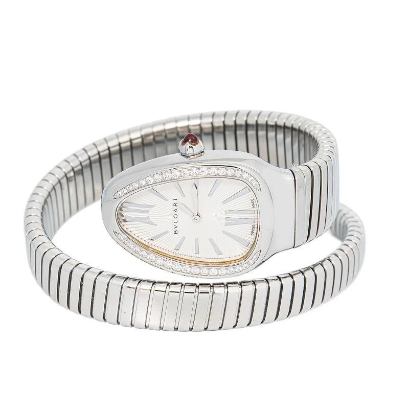 Bvlgari Serpenti SP35S SS Quartz Diamond Bezel White Dial Women Watch 23mm: Case Size 25mm Wrist Fit 6.5 inches Box No Papers No Condition Ã¢â‚¬â€ Pre-owned Full Specifications Brand Bvlgari Model Serpenti Customized No Serial # P04x