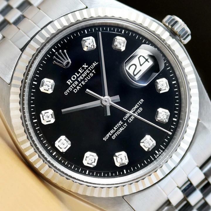 MENS ROLEX DATEJUST 1601 BLACK DIAMOND 18K WHITE GOLD STAINLESS STEEL WATCH: Condition: Pre-owned - Excellent,Bezel Color: Silver,Max Wrist Size: 7.26-7.5 in,Number of Jewels: 26 Jewels,Indices: Diamond Markers, 12-Hour Dail,Bezel: Rolex 18K White Gold Fluted Bezel,Band/Strap: