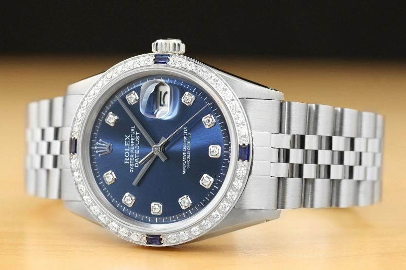 MENS ROLEX DATEJUST 18K WHITE GOLD SAPPHIRE DIAMOND & STAINLESS STEEL BLUE WATCH - 2