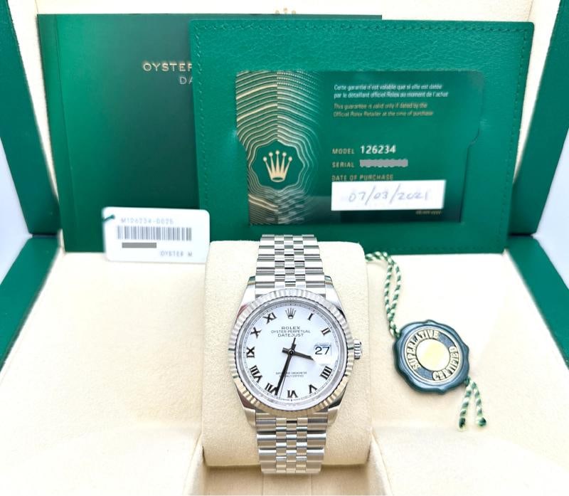 Rolex Datejust 126234 36mm White Roman Dial 18K Gold Bezel Steel Box Paper 2021: Condition: Pre-owned - Excellent,Bezel Color: Silver,Indices: Roman Numerals,Year Manufactured: 2020-Now,Band/Strap: Rolex Jubilee,Case Color: Silver,Department: Men,Bezel Type: Fluted,Watch Shape: Ro