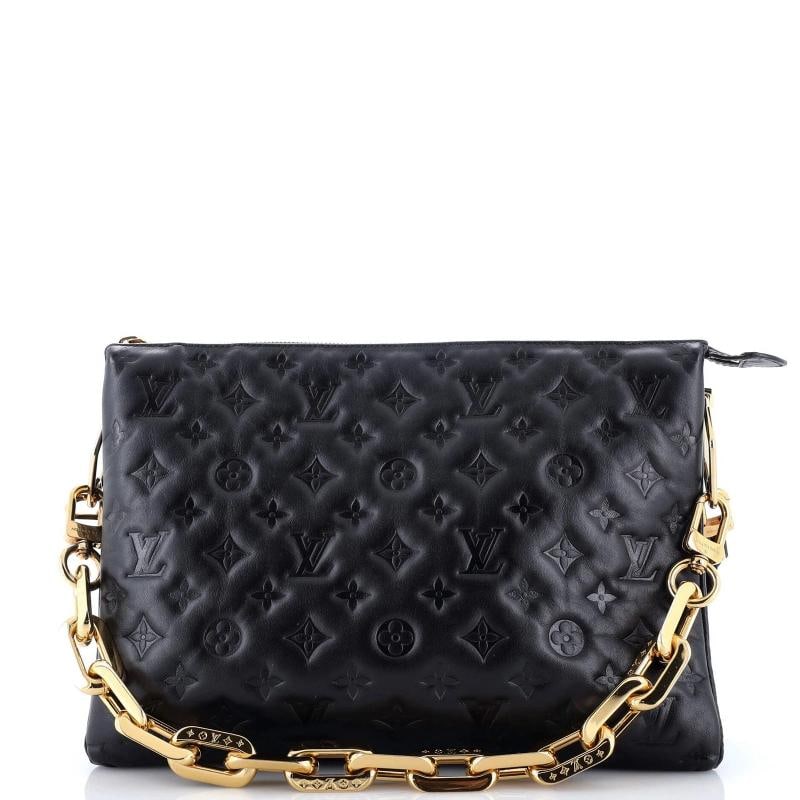 Louis Vuitton Coussin Bag Monogram Embossed Lambskin MM: Condition: Pre-owned - Excellent,Brand: Louis Vuitton,Exterior Material: Leather,Style: Cross Body Bags,Exterior Color: Black,Department: Women,Size: Mm,Accessories: Extra Strap, With Strap