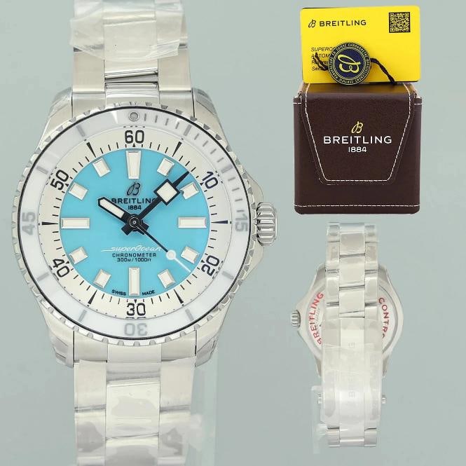 NEW Stickered Breitling Turquoise Superocean A17377 Auto 36mm White Blue Box: Condition: New with box and papers: This item is brand new and has never been worn. It still has the original ... Read moreabout the conditionNew with box and papers: This item is brand new and has
