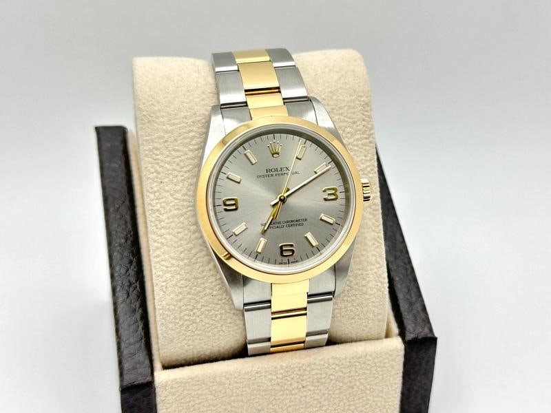 2002 Rolex Oyster Perpetual 14203 34mm Silver Dial 18k Yellow Gold Steel - 3