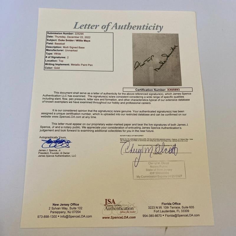 Willie Mays & Duke Snider Signed Vintage Baseball Base With JSA COA - 6