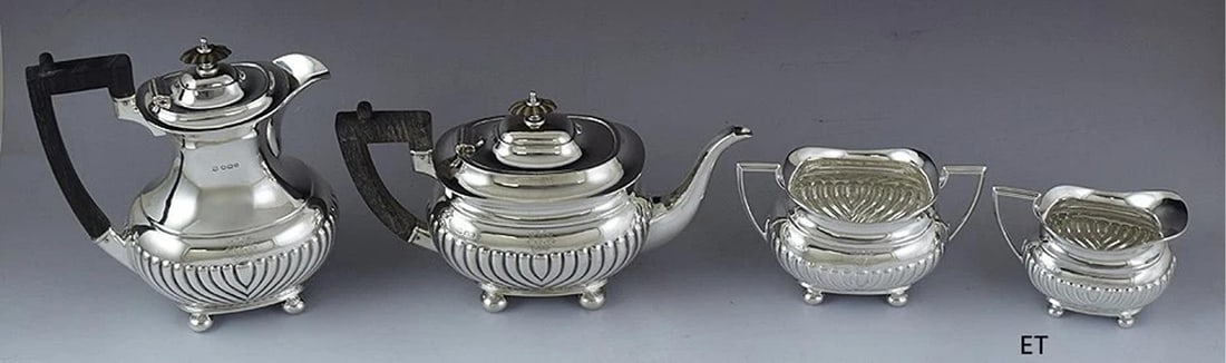 1896/1897 Fab English Sterling Silver 4pc Tea Set w/ Ribbed Design (1 of 10)