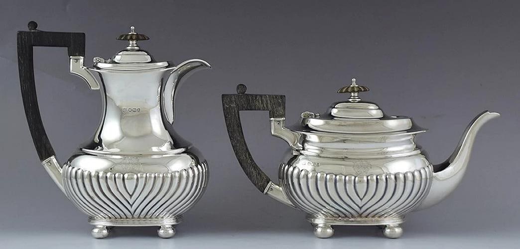 1896/1897 Fab English Sterling Silver 4pc Tea Set w/ Ribbed Design - 2