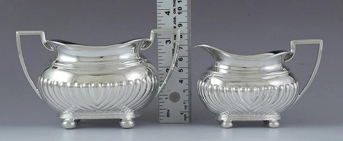 1896/1897 Fab English Sterling Silver 4pc Tea Set w/ Ribbed Design - 8