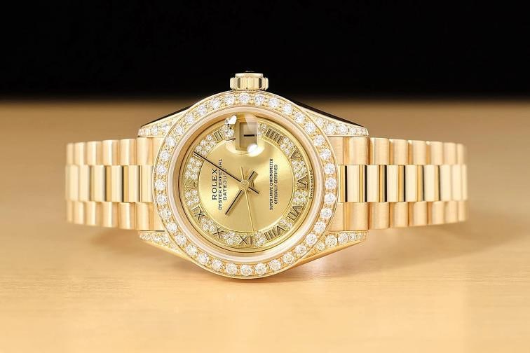 ROLEX PRESIDENT 69178 CHAMPAGNE ROMAN FACTORY MYRIAD DIAMOND 18K GOLD WATCH - 3