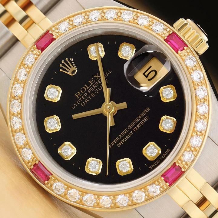 ROLEX LADIES DATEJUST 69173 BLACK DIAMOND RUBY 18K YELLOW GOLD STEEL WATCH: Condition: Pre-owned - Excellent,Department: Women's,Brand: Rolex,Style: Dress/Formal, Luxury: Dress Styles,Features: 12-Hour Dial, Chronometer, Sapphire Crystal, Screwdown Crown, Self-Winding, Swiss 