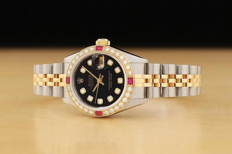 ROLEX LADIES DATEJUST 69173 BLACK DIAMOND RUBY 18K YELLOW GOLD STEEL WATCH - 2