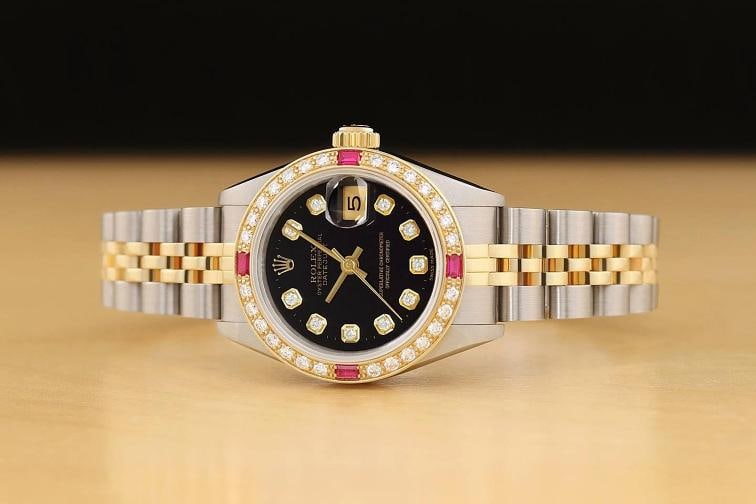 ROLEX LADIES DATEJUST 69173 BLACK DIAMOND RUBY 18K YELLOW GOLD STEEL WATCH - 3