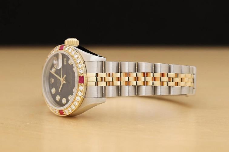 ROLEX LADIES DATEJUST 69173 BLACK DIAMOND RUBY 18K YELLOW GOLD STEEL WATCH - 4