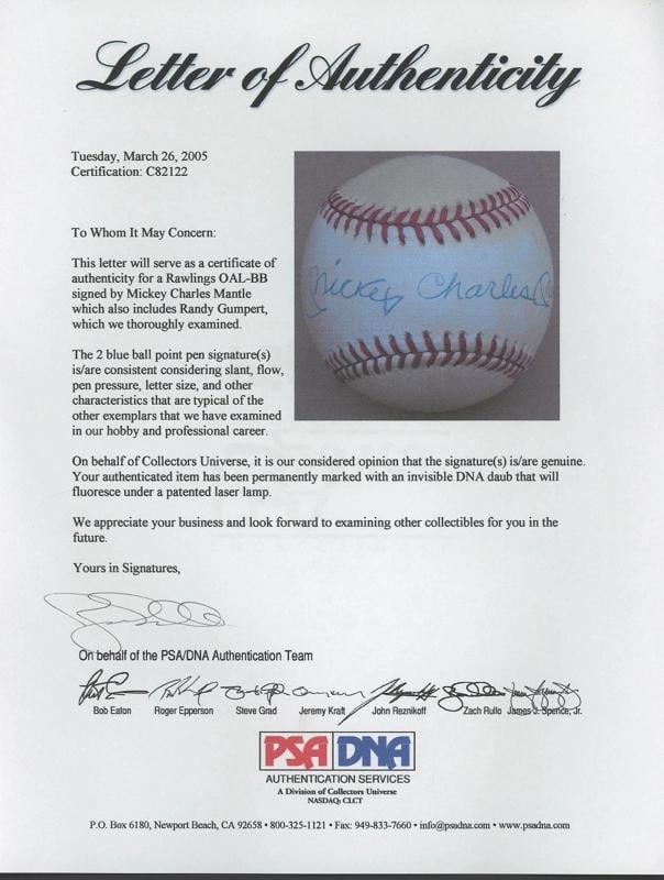 Mickey Charles Mantle Full Name Signed American League Baseball PSA DNA COA - 7