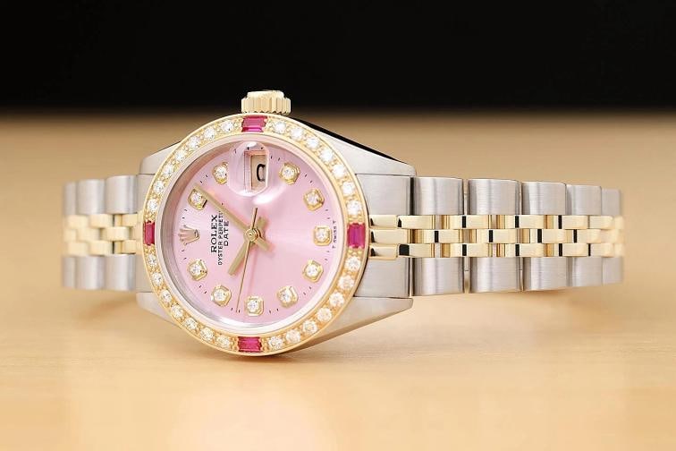 ROLEX LADIES DATE 6917 PINK DIAL DIAMOND RUBY 14K YELLOW GOLD STEEL 2-TONE WATCH - 2