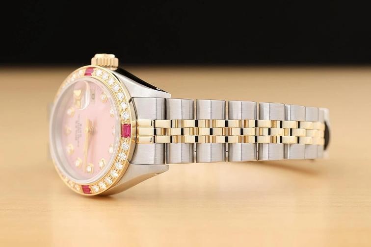 ROLEX LADIES DATE 6917 PINK DIAL DIAMOND RUBY 14K YELLOW GOLD STEEL 2-TONE WATCH - 4