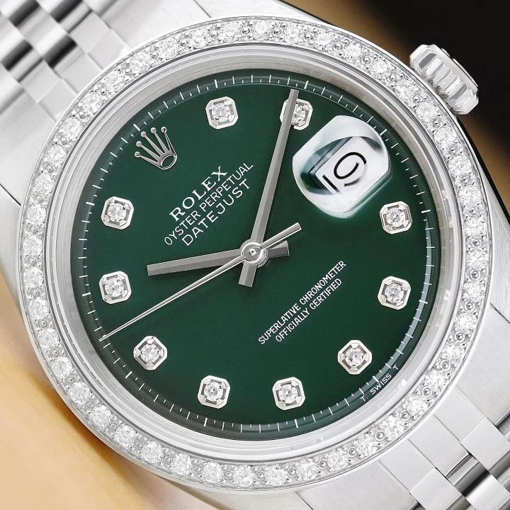 ROLEX MENS DATEJUST GREEN DIAL 18K GOLD STEEL DIAMOND WATCH w/ JUBILEE BAND: This is an authentic Rolex Datejust 1603 watch with Rolex dial Ref. with added genuine diamond markers, custom 18K white gold diamond bezel, and custom stainless steel jubilee bracelet. Descriptions: 