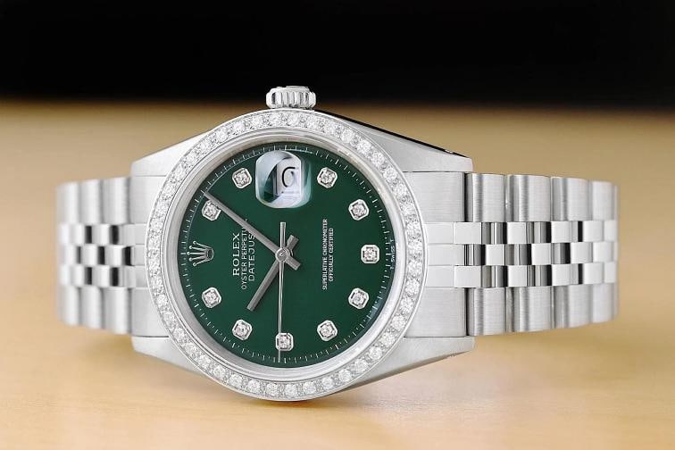 ROLEX MENS DATEJUST GREEN DIAL 18K GOLD STEEL DIAMOND WATCH w/ JUBILEE BAND - 2