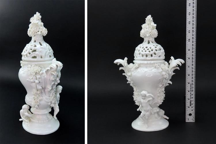 Impressive 18th C. Meissen Potpourri Urn Pierced Lidded Jar Flowers Putti Design - 4