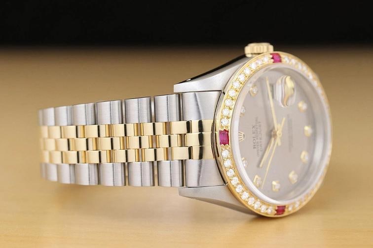 ROLEX MENS DATEJUST 16233 GRAY DIAL 18K YELLOW GOLD STEEL DIAMOND RUBY WATCH - 7
