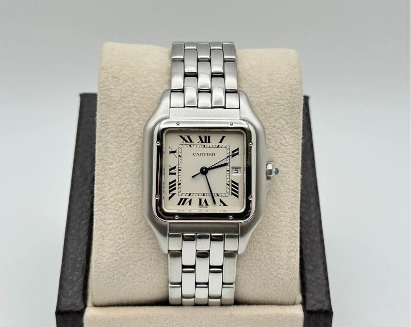 Cartier Panthere Jumbo W25032P5 Ref 1300 29mm Stainless Steel: Condition: Pre-owned - Excellent,Country of Origin: Switzerland,Bezel Color: Silver,Movement: Quartz,Seller Warranty: Yes,Indices: Roman Numerals,Reference Number: W25032P5, 1300,Band/Strap: