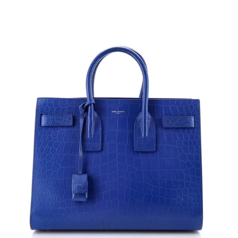 Saint Laurent Sac de Jour NM Bag Crocodile Embossed Leather Small: Condition: Pre-owned - Good,Brand: Saint Laurent,Exterior Material: Leather,Style: Satchels,Exterior Color: Blue,Department: Women,Size: Small,Accessories: Clochette, Lock, Dust Bag